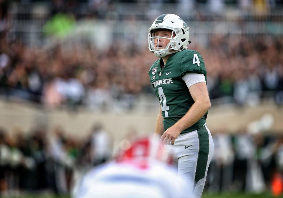 Michigan State kicker Matt Coghlin prepares to kick a field goal, which he missed, during the first quarter against Indiana at Spartan Stadium, Sept. 28, 2019.
