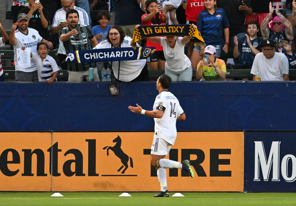 Aug 13, 2022; Carson, California, USA;  Los Angeles Galaxy forward Javier Hernández (14) celebrates after scoring a goal in the first half against the Vancouver Whitecaps at Dignity Health Sports Park. Mandatory Credit: Jayne Kamin-Oncea-USA TODAY Sports