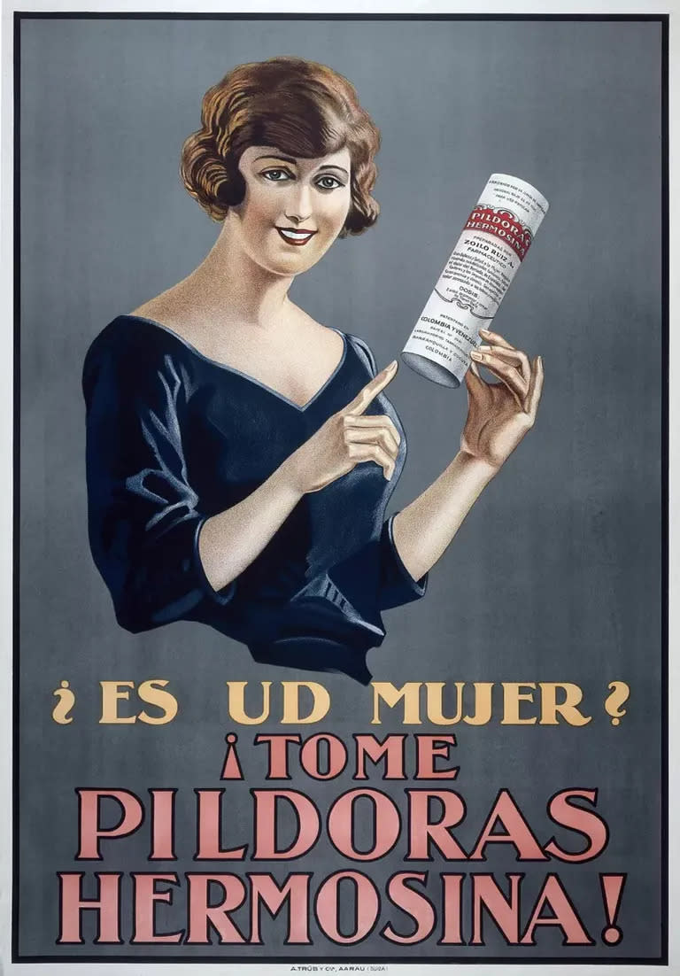 Publicidad de "Pildoras Hermosina", que prometían dar "belleza y salud a la mujer, regularizando sus delicadas funciones" y "curan anemia y clorosis", entre otras cosas