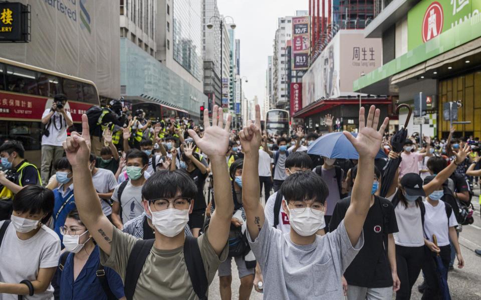 Hong Kong protesters rally against China's national security law at Mongkok district on May 27, 2020 in Hong Kon - Getty Images