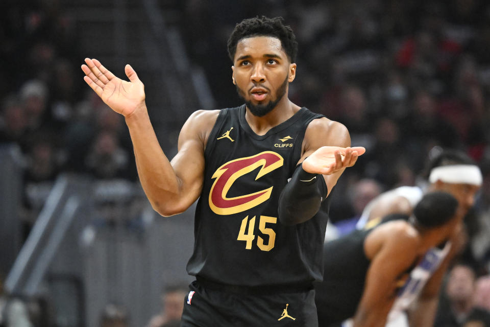 CLEVELAND, OHIO - MAY 5: No. 45 Donovan Mitchell of the Cleveland Cavaliers plays for Orlando in Game 7 of the first round of the Eastern Conference Playoffs at Rocket Mortgage Fieldhouse on May 5. Reacting after drawing a foul in the first quarter against the Magic.  2024, Cleveland, Ohio. Note to User: User expressly acknowledges and agrees that by downloading and/or using this photo, User is agreeing to the terms of the Getty Images License Agreement.  (Photo by Jason Miller/Getty Images)