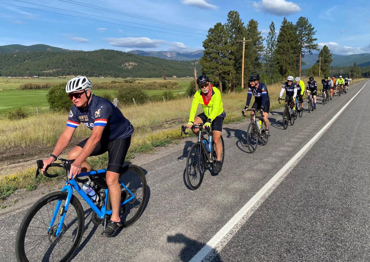 Members of the U.S. Naval Academy class of 1983 ride across the U.S. They'll stop in South Bend the night of Sept. 24, 2023, on their cross-country tour.