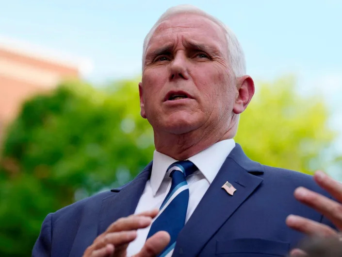 Former Vice President Mike Pence speaks to reporters after touring a mobile ultrasound unit on Thursday, May 5, 2022, in Spartanburg, S.C.