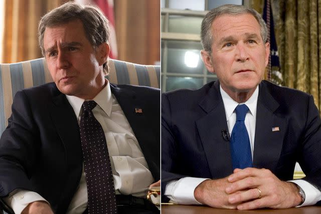 Matt Kennedy/Annapurna Pictures; SAUL LOEB/AFP/Getty Images Sam Rockwell in 'Vice'; George W. Bush