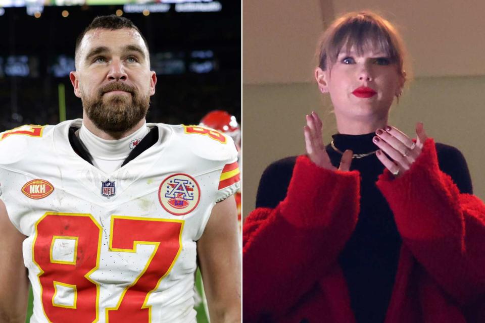 <p>AP Photo/Matt Ludtke; Stacy Revere/Getty Images</p> Travis Kelce; Taylor Swift