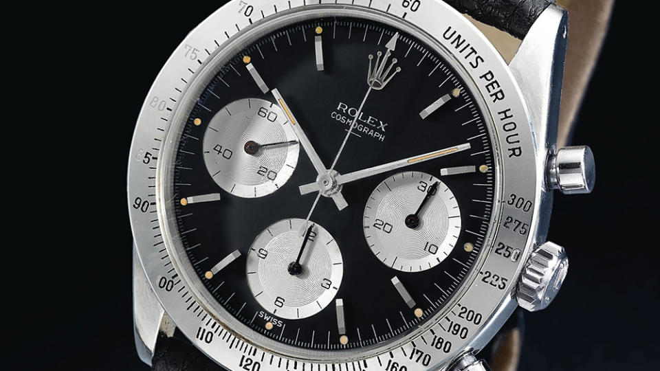 A Rolex Cosmograph Daytona featuring a Double Swiss Underline dial.