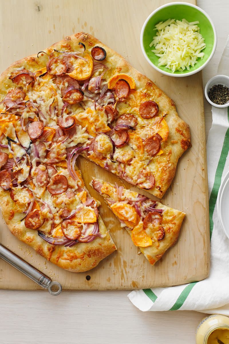 Sweet Potato, Kielbasa, and Red Onion Pizza