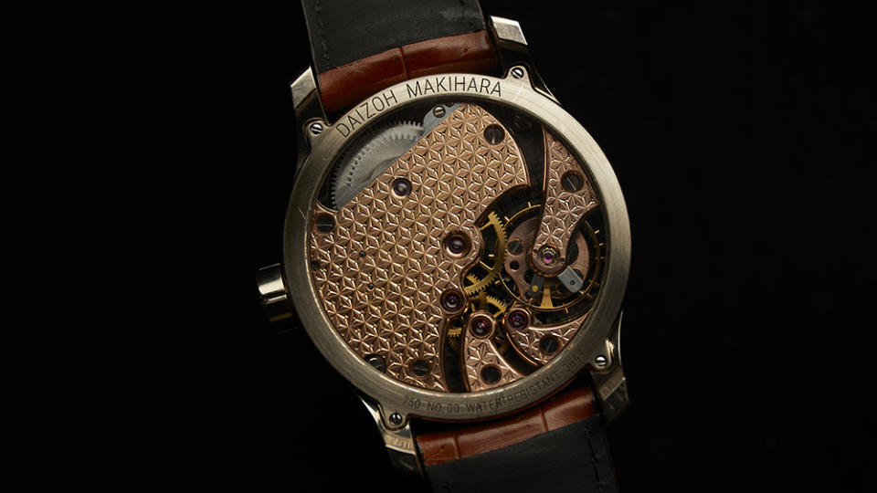 The caseback of the Kacho Fugetsu, with a traditional hand-engraved hemp-leaf pattern—a motif said to ward off evil spirits.