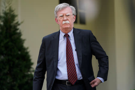 White House national security adviser John Bolton arrives to speak about the political unrest in Venezuela after violence broke out at anti-government protests near Caracas, outside the White House in Washington, U.S., April 30, 2019. REUTERS/Joshua Roberts