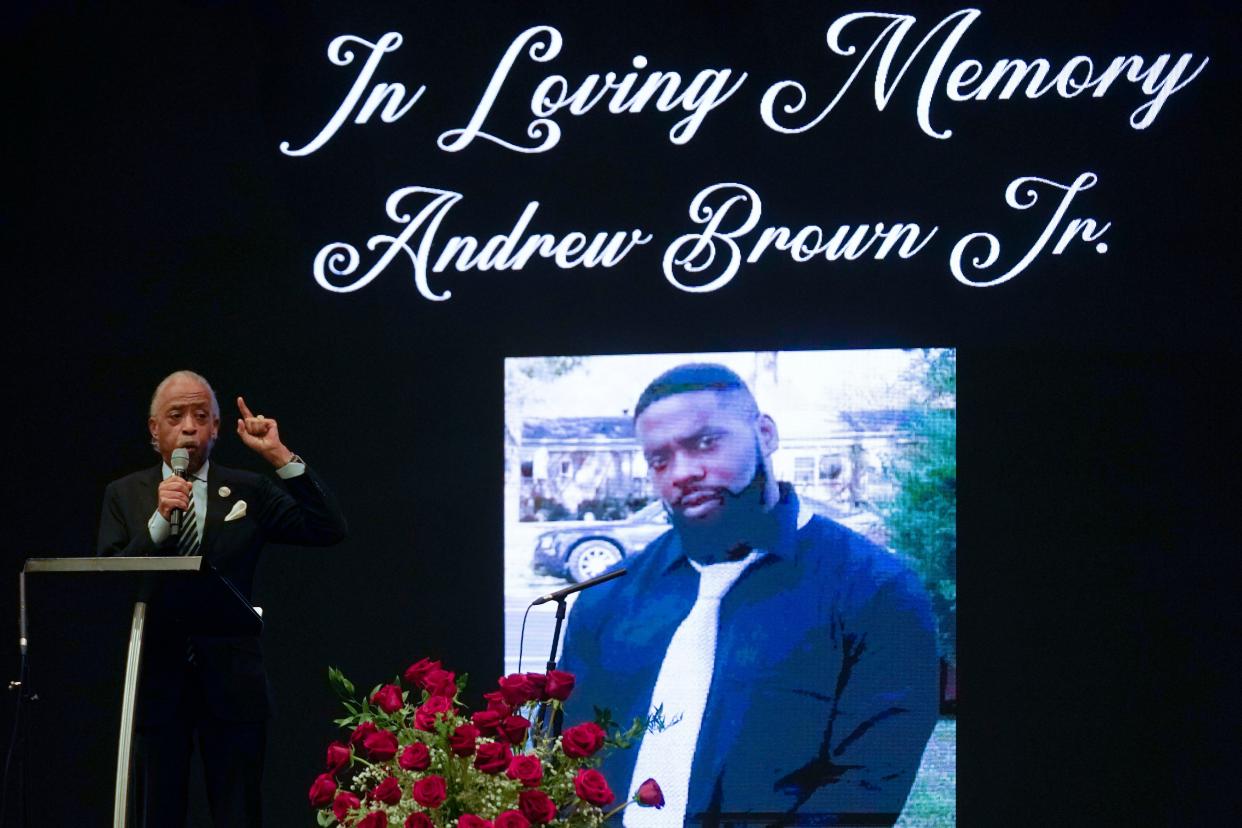 Rev. Al Sharpton speaks during the funeral for Andrew Brown Jr., Monday, May 3, at Fountain of Life Church in Elizabeth City, N.C. 