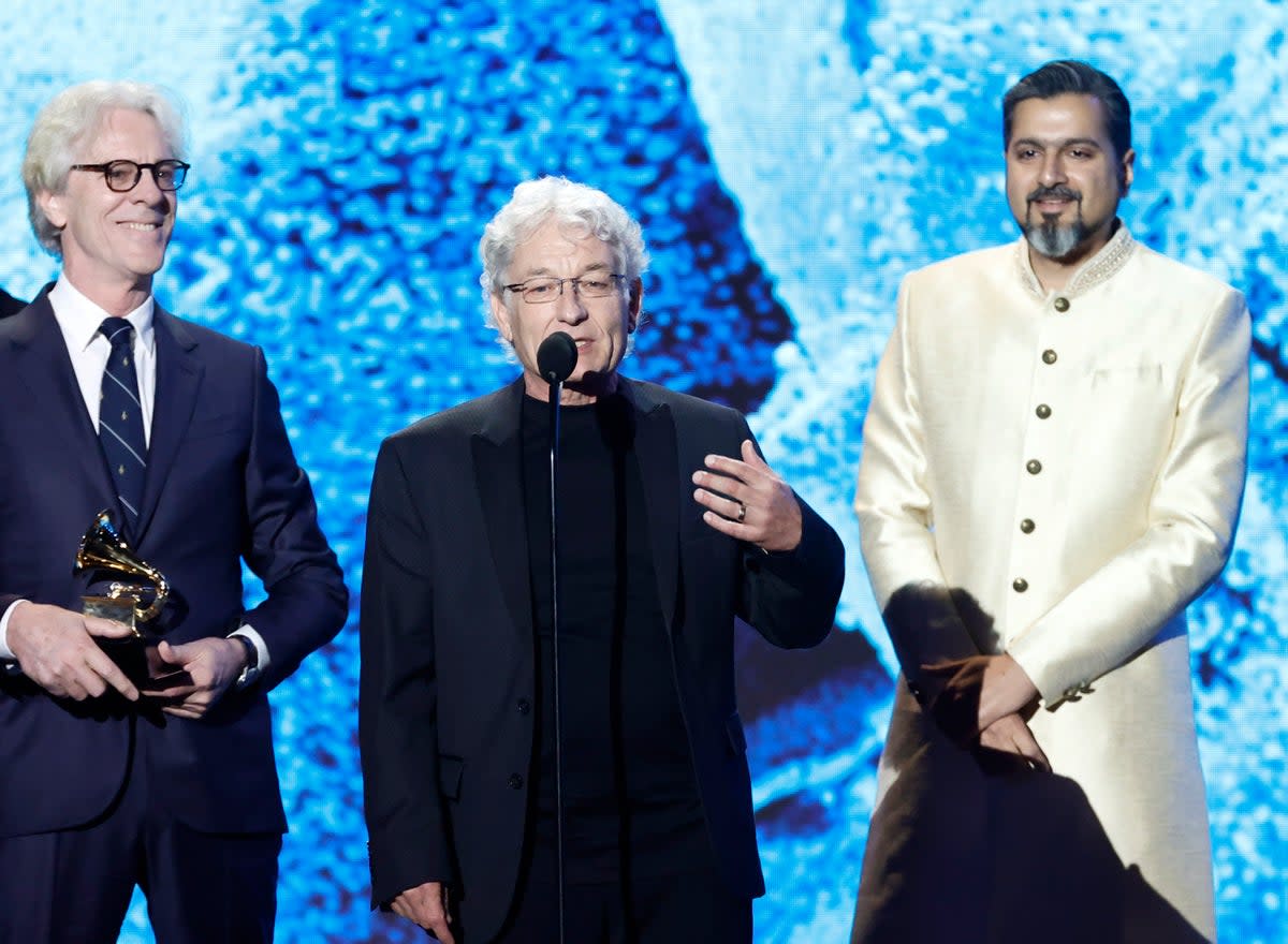 Stewart Copeland, Herbert Waltl, and Ricky Kej accept the award for Best Immersive Audio Album for ‘Divine Tides’ (Getty Images)