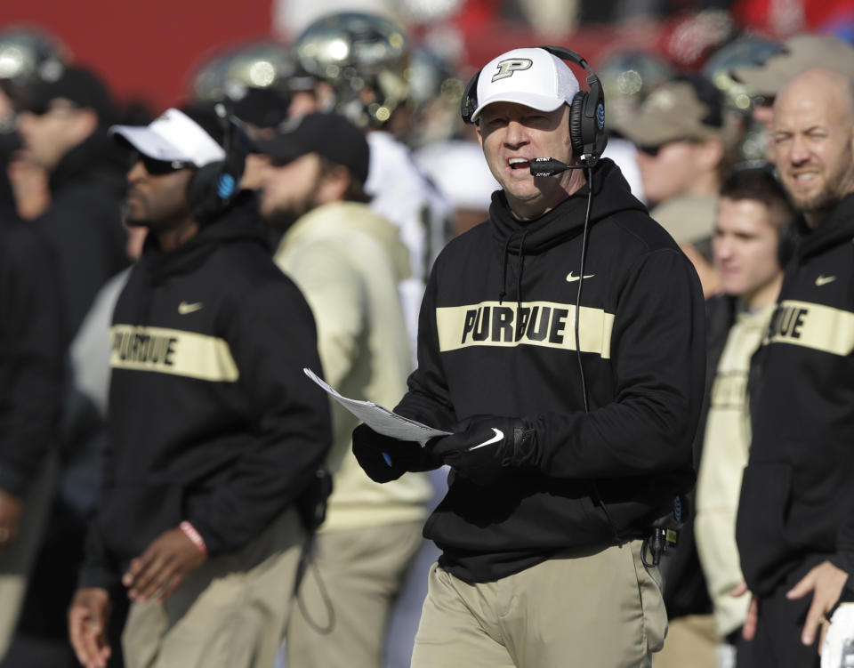 Trinity High School in Louisville, where Purdue coach Jeff Brohm attended, cancelled class on Thursday after receiving a threat after Brohm turned down the Louisville job. (AP Photo/Darron Cummings)