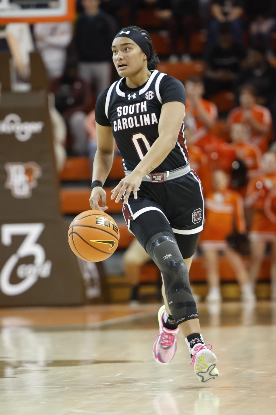 South Carolina guard Te-Hina Paopao (0) moves the ball during the first half of an NCAA college basketball game against Bowling Green in Bowling Green, Ohio, Tuesday, Dec. 19, 2023. (AP Photo/Rick Osentoski)