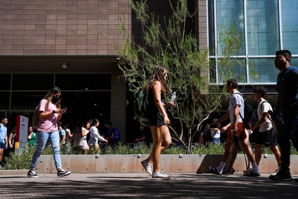 Taylor Street at Arizona State University's downtown Phoenix campus is filled with students on the first day of classes on Aug. 18, 2022.