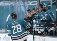 San Jose Sharks right wing Timo Meier (28) is congratulated after scoring a goal against the Los Angeles Kings during the third period of an NHL hockey game Saturday, April 10, 2021, in San Jose, Calif. The Kings won 4-2. (AP Photo/Tony Avelar)