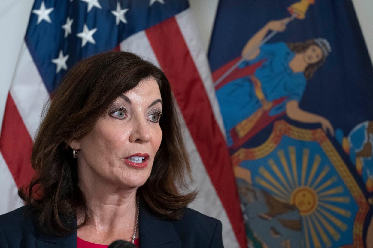 New York Gov. Kathy Hochul speaks to reporters after signing a legislative package to protect abortion rights in Manhattan, New York on Monday, June 13, 2022. 