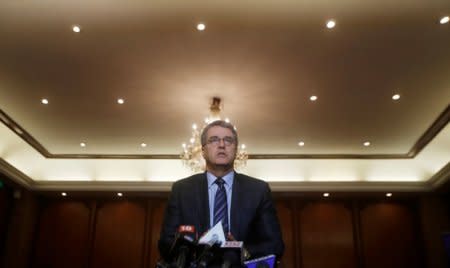 Roberto Azevedo, Director-General of the World Trade Organization (WTO), addresses the media during a conference in New Delhi, India March 19, 2018. REUTERS/Adnan Abidi