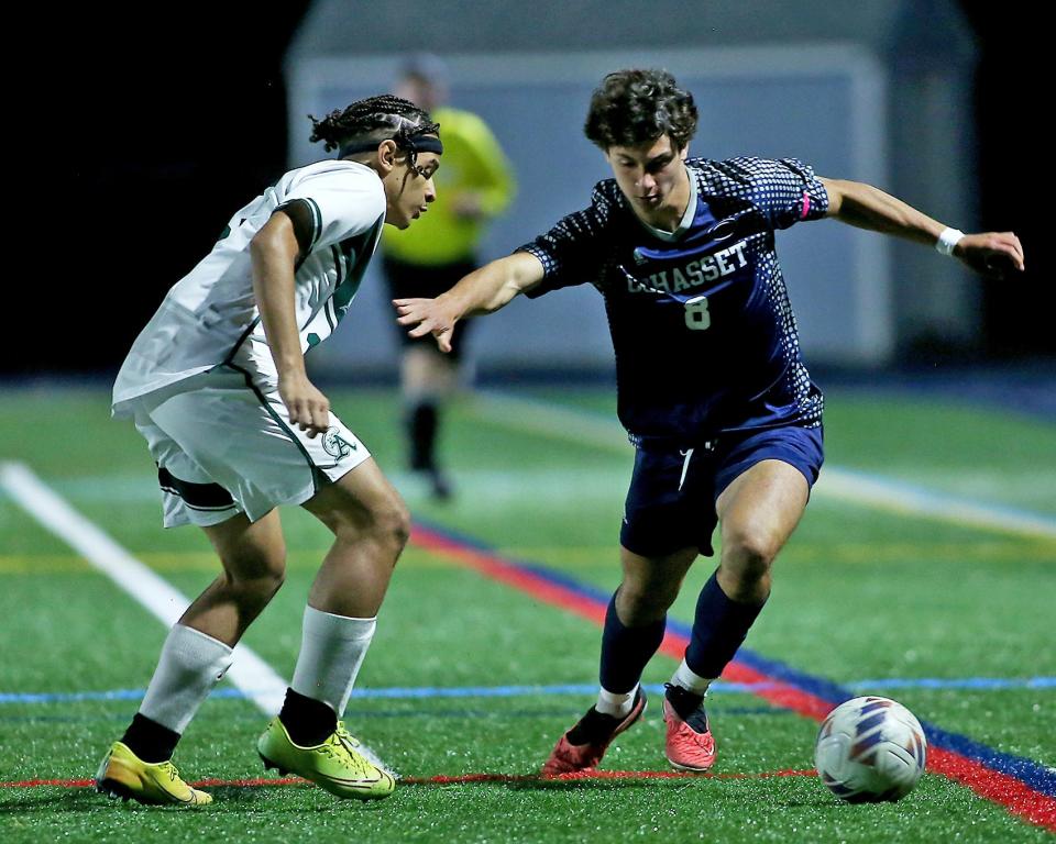 Cohasset's Nathan Askjaer looks to get around Abington's Damien Monteiro during first half action of their game at Cohasset Middle High School on Wednesday, Oct. 25, 2023. Cohasset would go on to win 3-0 in South Shore League action.