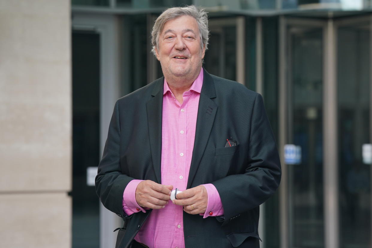 Comedian Stephen Fry leaves BBC Broadcasting House in London, after appearing on the BBC One current affairs programme, Sunday with Laura Kuenssberg. Picture date: Sunday September 10, 2023. (Photo by Lucy North/PA Images via Getty Images)