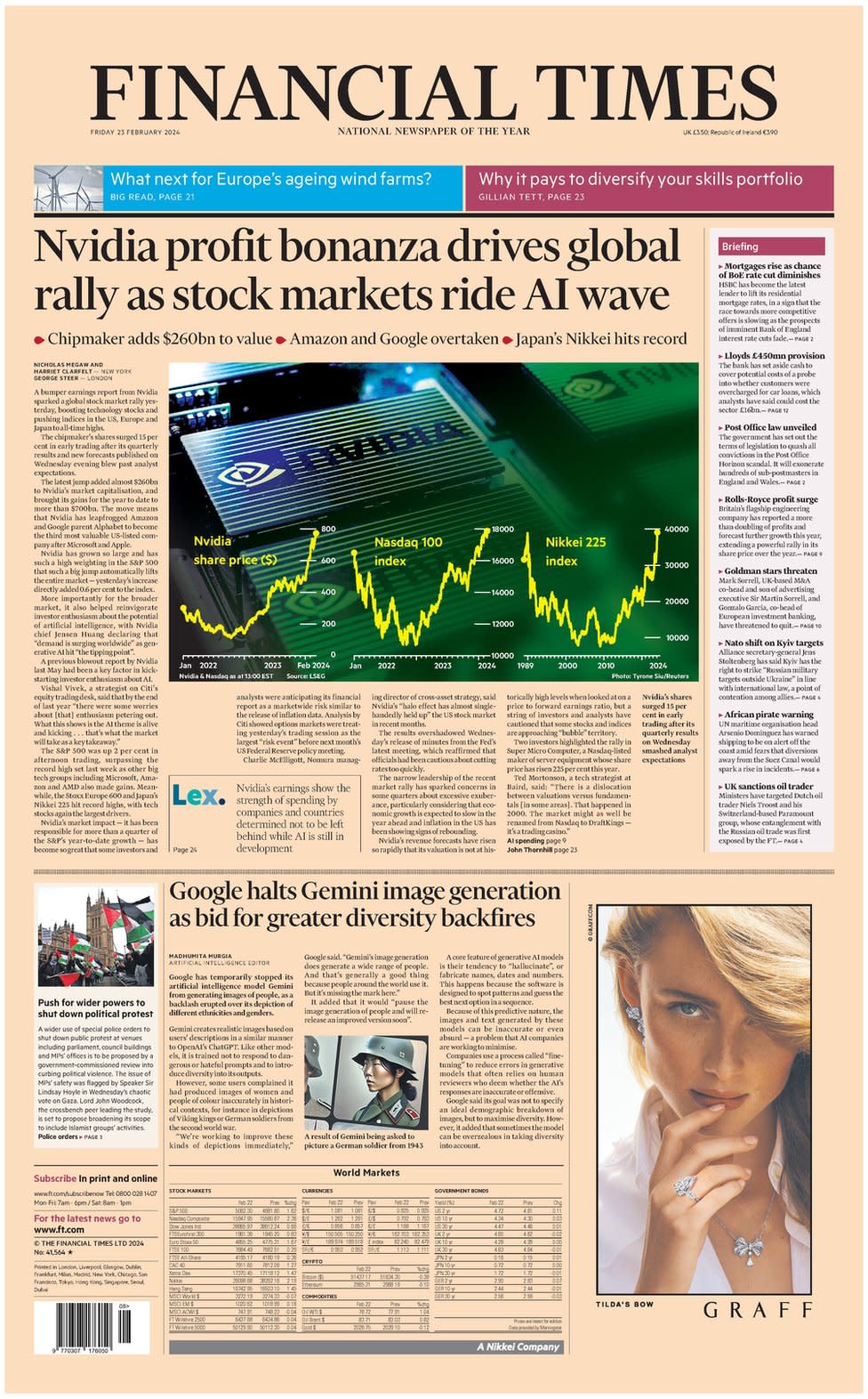Front page of the Financial Times. The main article is about the rise in Nvidia's stock price, which contributed to the rise in the overall stock market.
