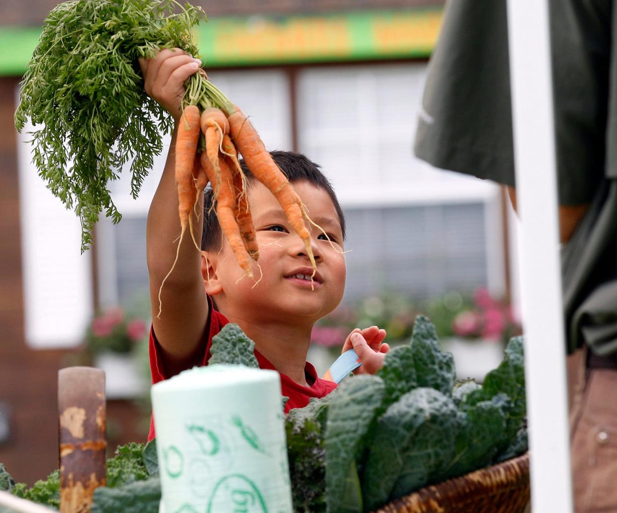 Tucker Connelly, 7, of Southborough, holds up carrots to be bagged as he helps his mother at the Ashland Farmers' Market, June 10, 2021.