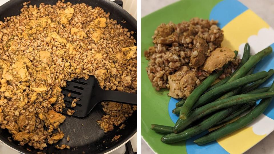 Shawarma Chicken + Green Bean Farro Bowl in a pan and on a plate.