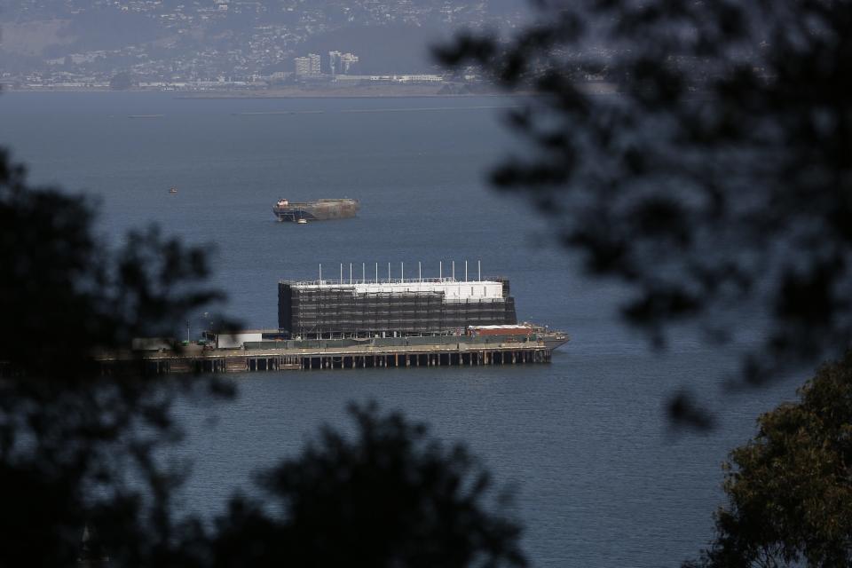 Mysterious structure built on floating barge is seen in San Francisco Bay