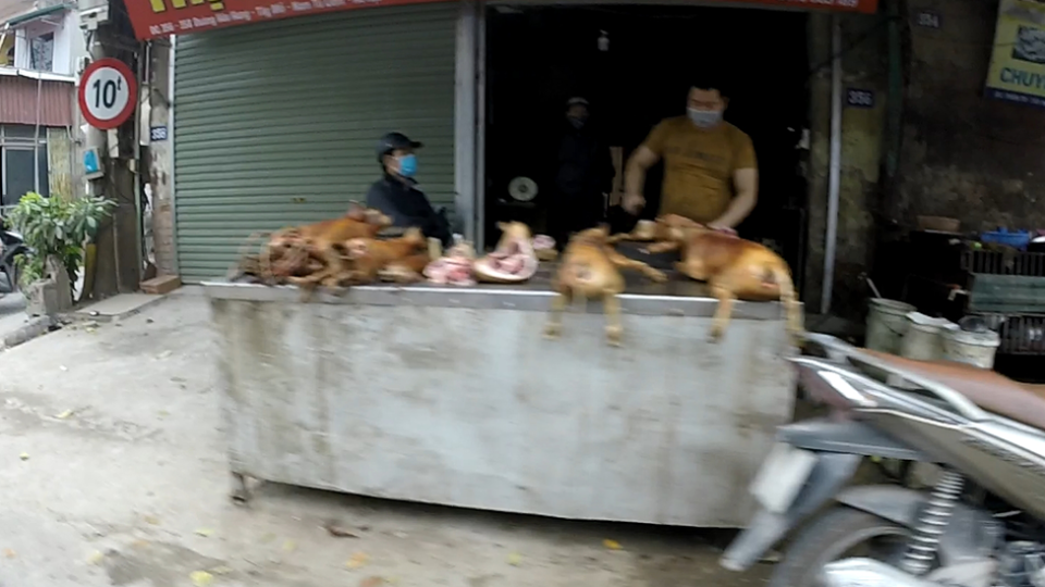 GoPro still of two people wearing masks and butchering dog carcasses in Vietnam.