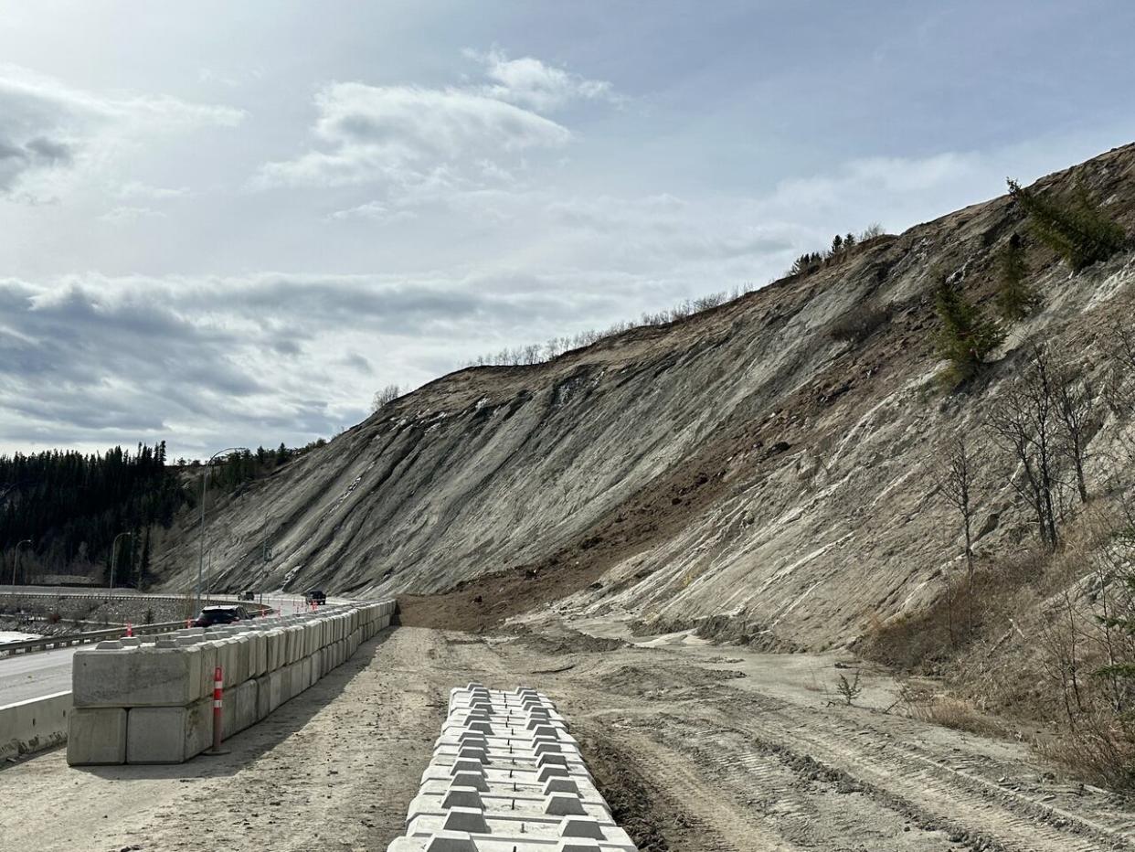 A landslide is pictured on the escarpment along Robert Service Way in Whitehorse on May 4.  (Caitrin Pilkington/CBC - image credit)
