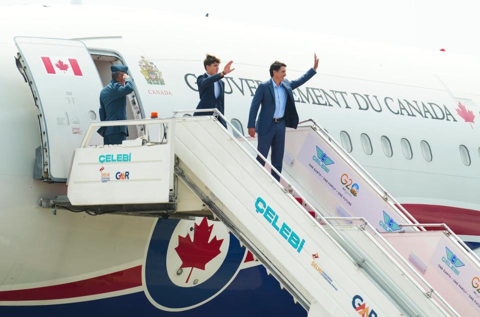 Prime Minister Justin Trudeau and son Xavier depart New Delhi, India on Tuesday, Sept. 12, 2023. Trudeau's departure was delayed several days due to a technical issue with his military aircraft. 