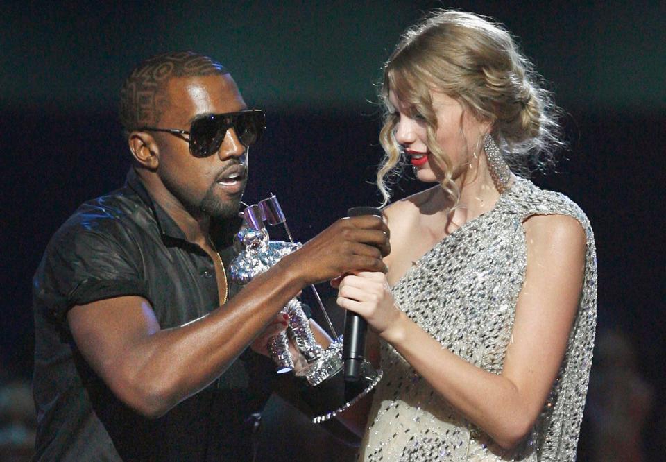 Kanye West grabs the microphone from Taylor Swift as she was thanking a Video Music Award crowd. The moment led to an ongoing feud between the two artists, and was the first time West's actions suggested at a volatility that might surface more often.