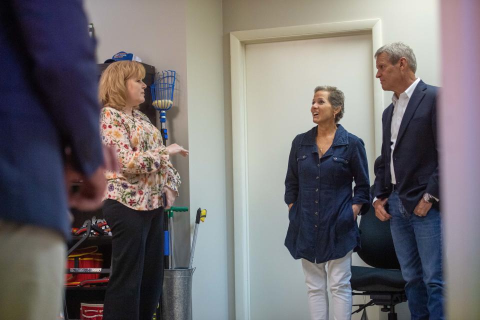 Gov. Bill Lee and First Lady Maria Lee talks with Jennifer Cunningham during their visit of STAR Center as part of the Tennessee Serves Project in Jackson, Tennessee on Monday, Aug. 28, 2023.