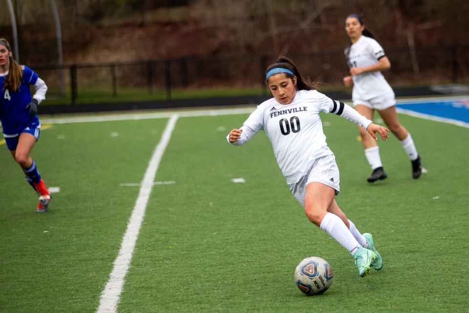 Fennville's Angelica Mendoza gets the ball down the field Wednesday, April 20, 2022, at Saugatuck High School. 