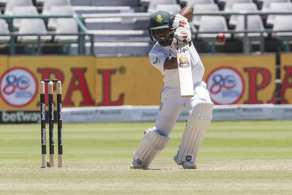 South African batsman Keegan Peterson in action during the second day of the third and final test match between South Africa and India in Cape Town, South Africa, Wednesday, Jan. 12, 2022. (AP Photo/Halden Krog)