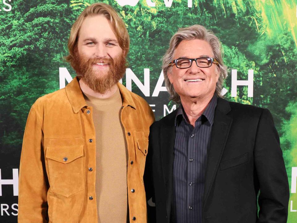 <p>Rodin Eckenroth/WireImage</p> Wyatt Russell and Kurt Russell attend the Apple TV+ new series "Monarch: Legacy of Monsters" photo call on December 08, 2023 in West Hollywood, California.