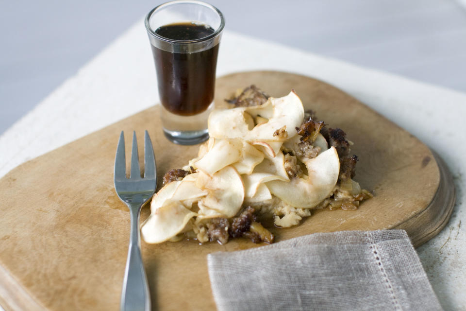 This Aug. 26, 2013 photo shows a sausage and apple Dutch baby in Concord, N.H. (AP Photo/Matthew Mead)