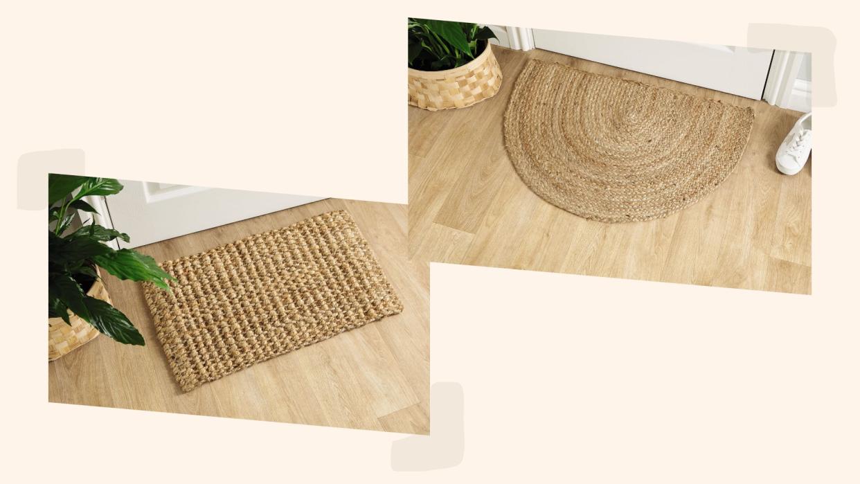 ALDI jute doormats in lifestyle staged pictures next to each other on a scrapbook style background. 