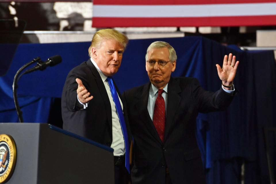 President Trump introduces Senate Majority Leader Mitch McConnell, R-Ky., during a “Make America Great Again” rally at the Eastern Kentucky University in Richmond, Ky., on Oct. 13, 2018. (Photo: Nicholas Kamm/AFP/Getty Images)