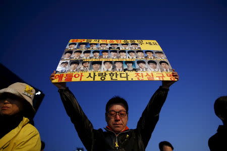 A mourner holds up a banner depicting students who died in sunken ferry Sewol during a rally to commemorate the first anniversary of the Sewol ferry disaster that killed more than 300 passengers, in central Seoul April 16, 2015. REUTERS/Kim Hong-Ji