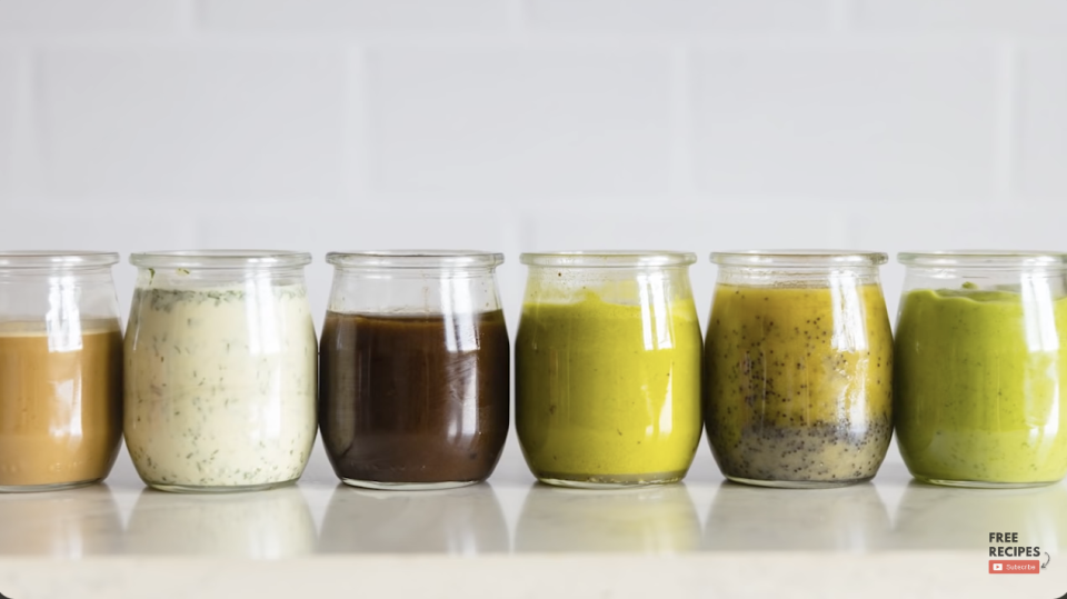 jars of various homemade salad dressings