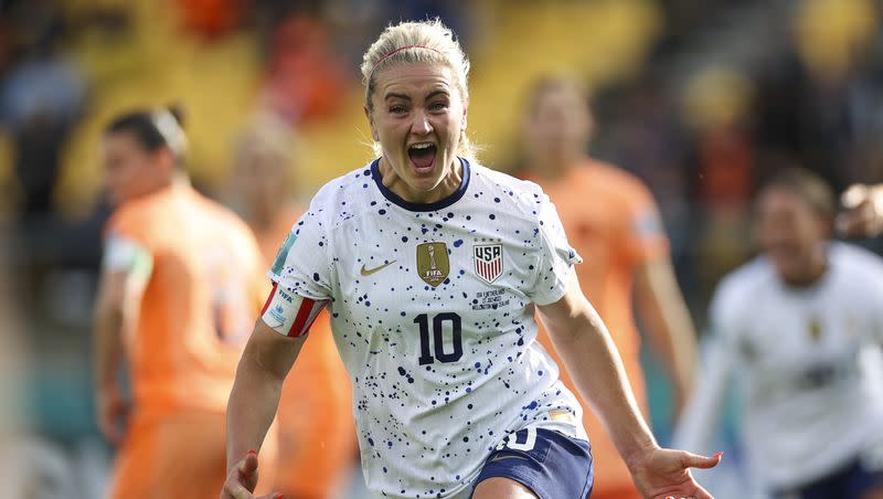 United States’ Lindsey Horan celebrates her team’s first US goal during the Women’s World Cup Group E soccer match between the United States and the Netherlands in Wellington, New Zealand, Thursday, July 27, 2023. 