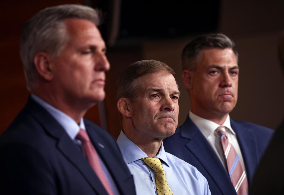 Left to right, House Minority Leader Kevin McCarthy, Rep. Jim Jordan and Rep. Jim Banks on July 21, 2021 in Washington, D.C.