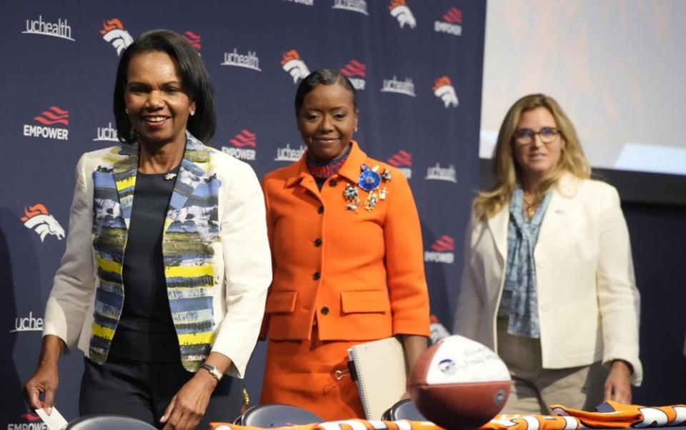 From left, limited shareholders Condoleezza Rice and Mellody Hobson are followed by Carrie Walton-Penner as the members of the Walton-Penner Family Ownership Group enter a news conference at the NFL football team’s headquarters Wednesday, Aug. 10, 2022, in Centennial, Colo. (AP Photo/David Zalubowski)