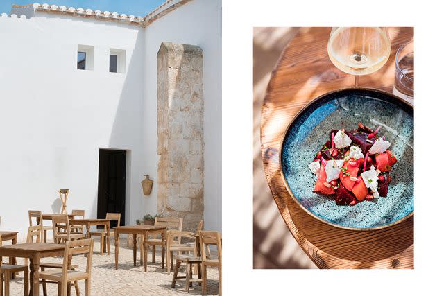 <p>From left: Nathalie Carnet/Courtesy of Fontenille; Yann Deret/Courtesy of Fontenille</p> From left: The courtyard dining area of Torre Vella's Siempreviva restaurant; a salad of tomatoes, beets, cheese, and pomegranate at Santa Ponsa.