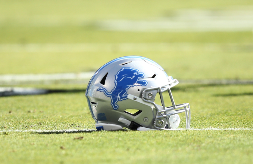 OAKLAND, CALIFORNIA - NOVEMBER 03: A Detroit Lions helmet lies on the field before.