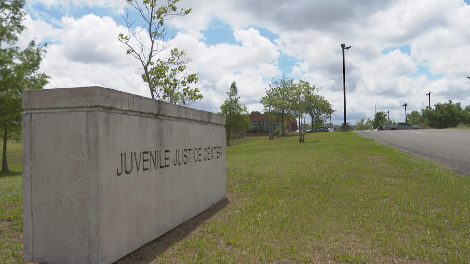 This image made from video shows the Orleans Parish Juvenile Court in New Orleans, Monday, April 10, 2023. As public frustration over Louisiana’s violent crime grows, Republican gubernatorial candidate Attorney General Jeff Landry is backing legislation that would make certain confidential juvenile court records public in three of the state’s parishes, all of which are predominately Black. (AP Photo/Stephen Smith)