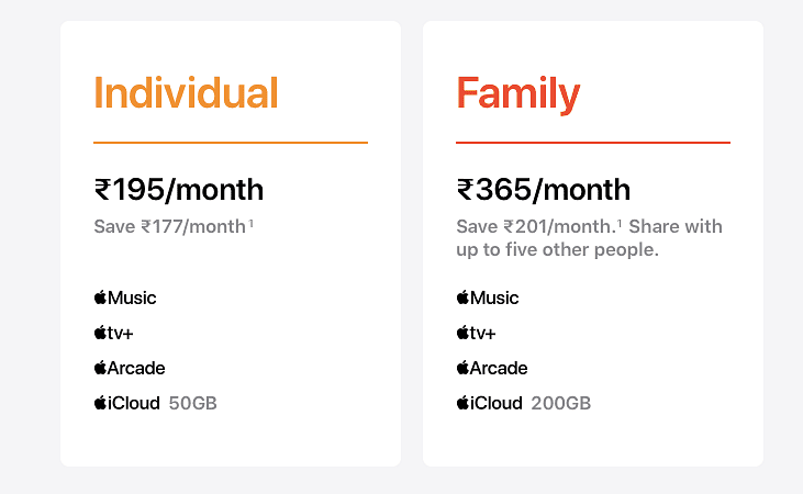 Apple One India subscription prices for Individual and Family plans.