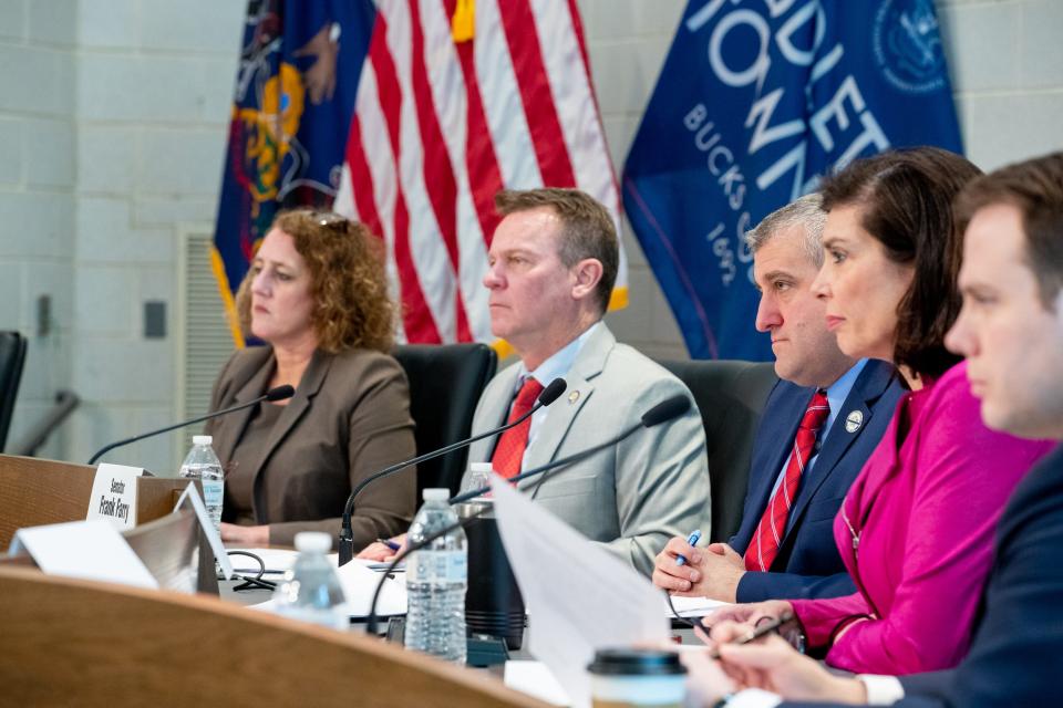 Participating in a hearing on the Sterling Act and its impact on suburban communities in Middletown are (from left) Sheila Fitzgerald Sterrett, executive director with the Pennsylvania Senate Republicans; State Sen. Dan Laughlin, R-49 of Erie; State Sen. Frank Farry, R-6, of Bucks; State Sen. Kristen Phillips-Hill, R-28 of York; and State Sen. Jarrett Coleman, R-16, of Bucks and Lehigh counties.  State Sen. Devlin Robinson, R-37  of Allegheny County also attended the event.