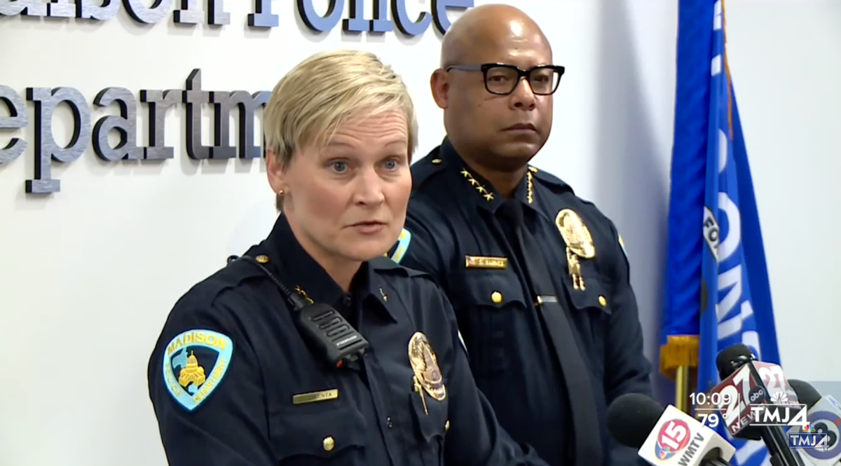 Madison Police Chief Shon Barnes (right) and Assistant Chief Paige Valenta at a press conference (TMJ4 News)