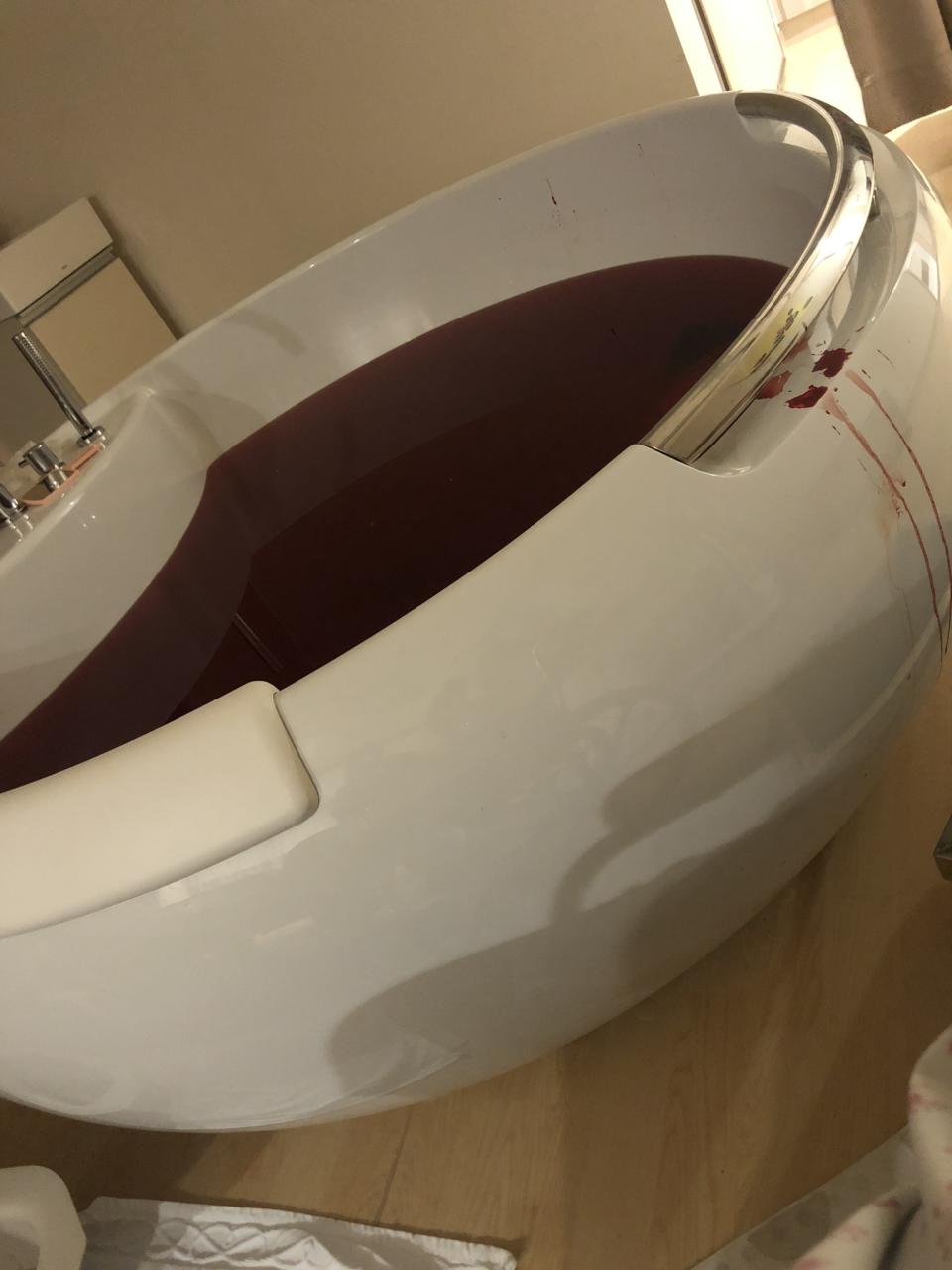 謝依霖PO出４年前水中生產時，浴缸滿是血水的照片。（圖／翻攝自LINLIN臉書）